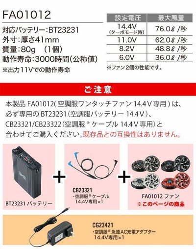 空調服 空調服 作業着 ワンタッチファン14.4V専用(2個) FA01012
