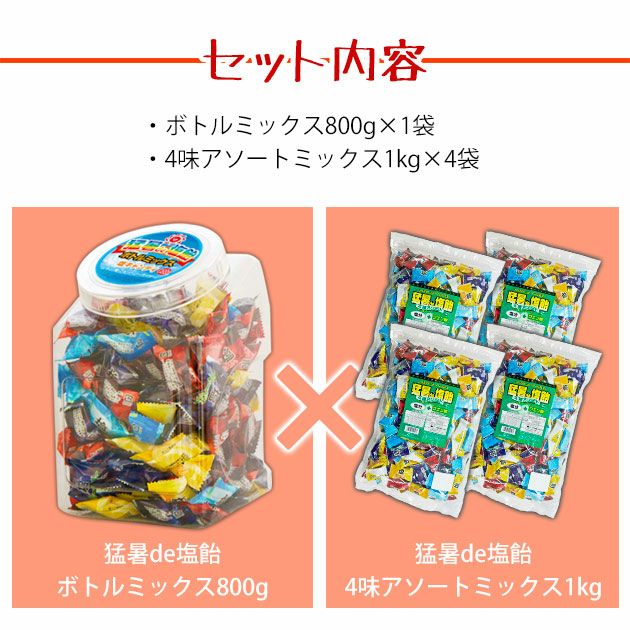 オークラ製菓 夏対策商品 猛暑de塩飴 ボトルミックス800g×1個・詰め替え1kg×4袋セット 塩飴セット