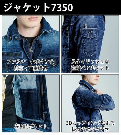 73～101 アイズフロンティア 秋冬作業服 作業着 ハイパワーストレッチデニム ジャケット・カーゴパンツ上下セット（ケミカルインディゴ） 7350・7352