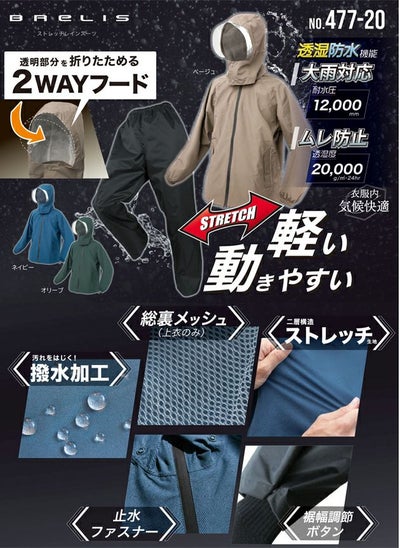M～8L 富士手袋工業 レインウェア ブレリスストレッチ透湿防水レインスーツ 477-20