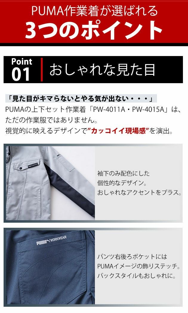 PUMA プーマ 通年作業服 作業着 作業ウェア ワークジャケット・カーゴパンツ上下セット（ネイビー） PW-4011A PW-4015A