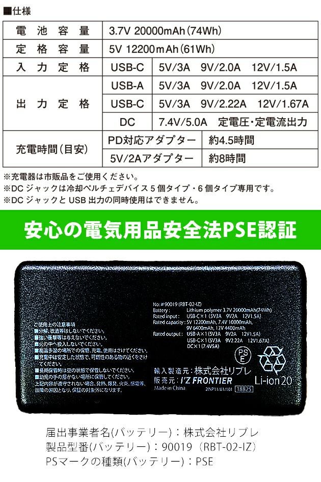 アイズフロンティア 冷却ペルチェ 作業着 冷却ペルチェ専用長袖フリージングコールドジップアップインナー＆6個デバイス・バッテリーセット PS121