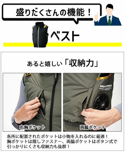 HUMMER ハマー 空調作業服 作業着 空調風神服チタンベスト ファン・バッテリー3点セット 09900・RD9580G・RD9530H