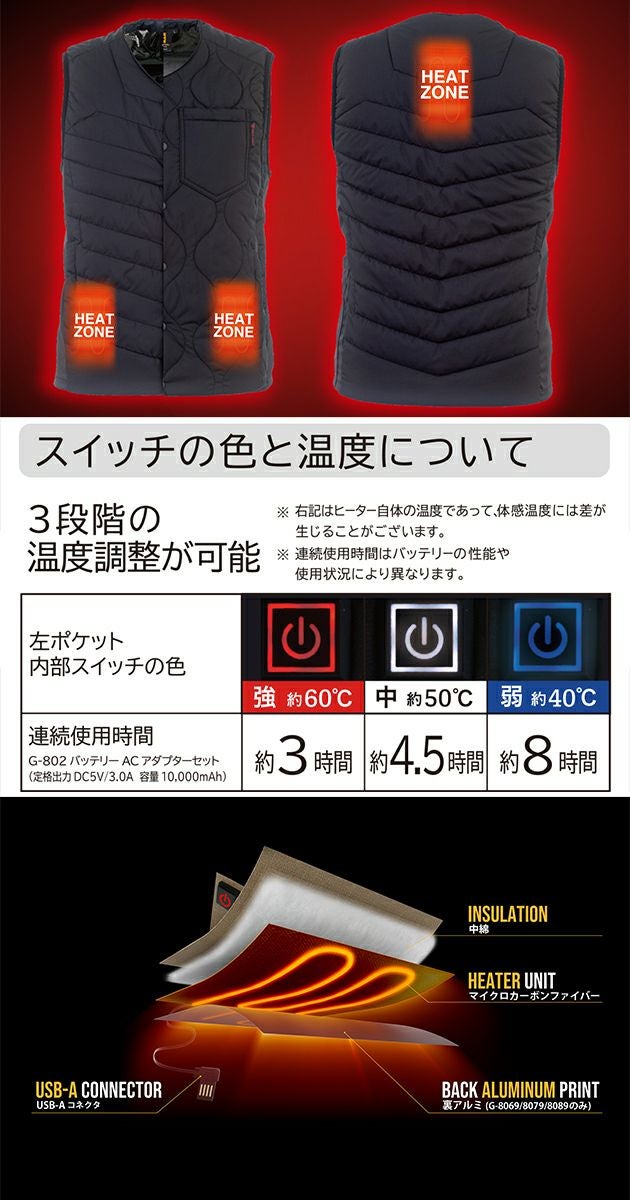 3L CO-COS コーコス 作業着 電熱ベスト グラディエーター ボルトヒートベスト G-8089