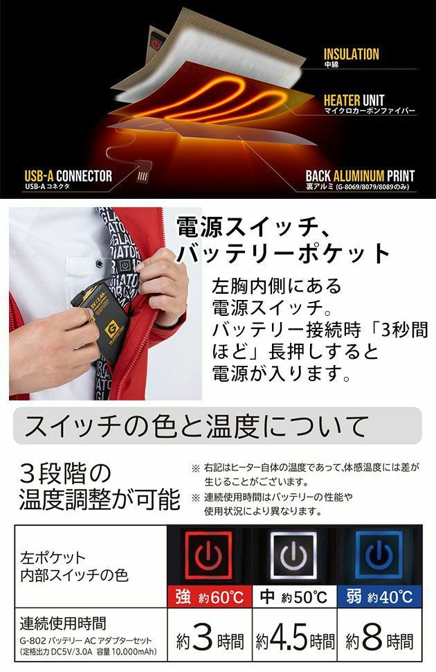 3L CO-COS コーコス 作業着 電熱ウェア グラディエーター ボルトヒートジャケット G-8040